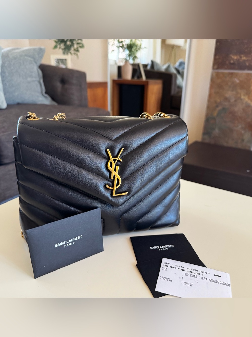 YSL SAINT LAURENT Calfskin Y Quilted Monogram Small Loulou Chain Satchel Black - Picture 3 of 14